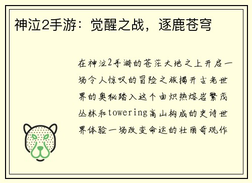 神泣2手游：觉醒之战，逐鹿苍穹